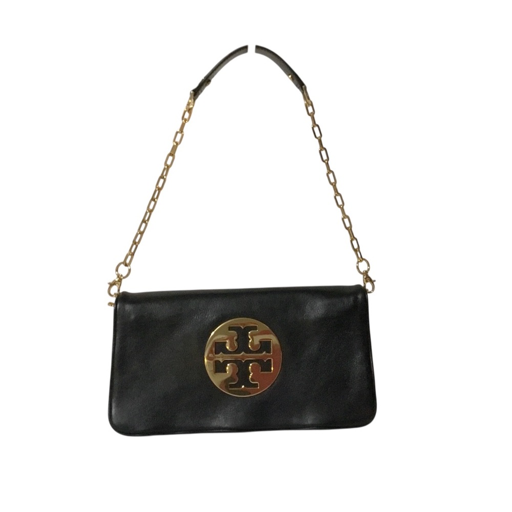 Tory Burch Black Leather Shoulder Bag with Gold Logo Chain